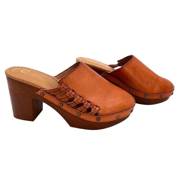 Cato Comfort Brown Leather Studded Braided Detail 4” Block Heel Clogs Size 9 - Picture 13 of 13